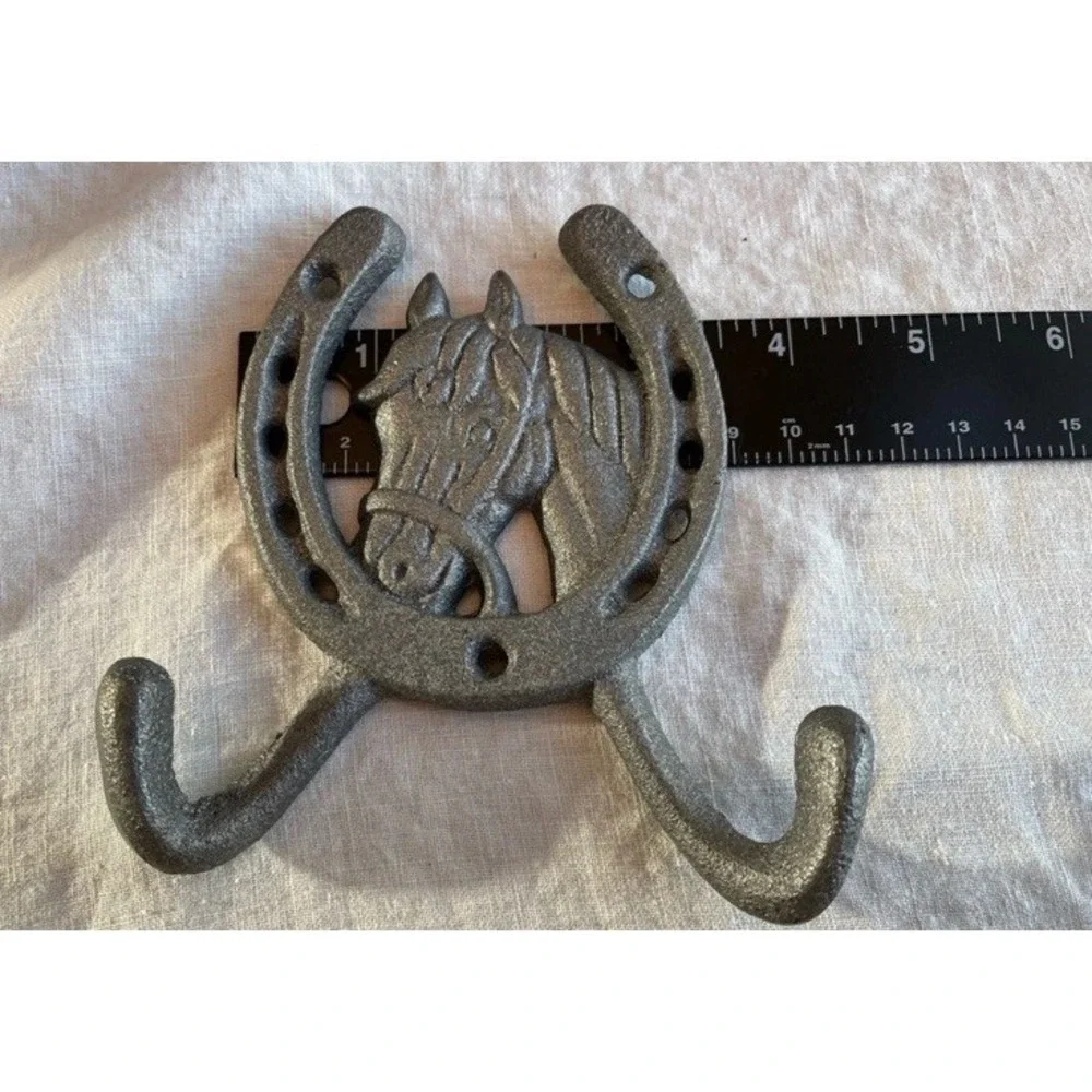 Silver Toned Cast Iron Horse Head Horseshoe Wall Coat Hook Rustic Western Ranch